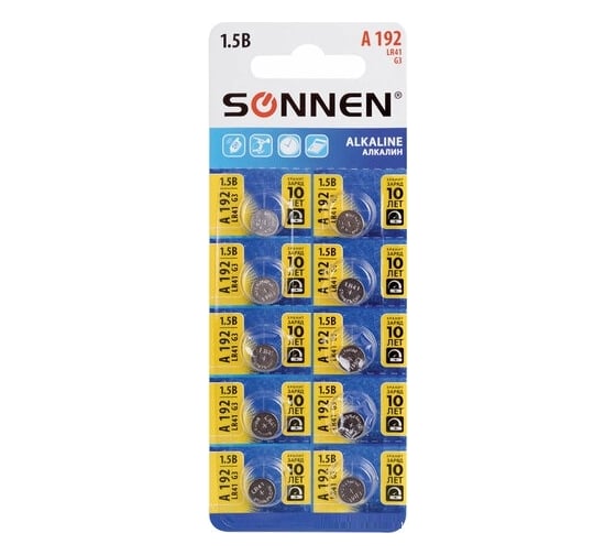 Алкалиновые батарейки SONNEN таблетка комплект 10 шт., alkaline 192a (g3, lr41), блистер, 880788 1
