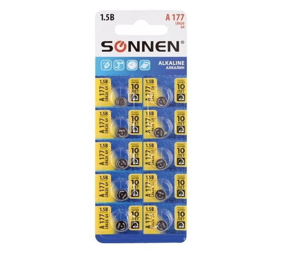 Алкалиновые батарейки SONNEN таблетка комплект 10 шт., alkaline 177a (g4, lr66), блистер, 880789