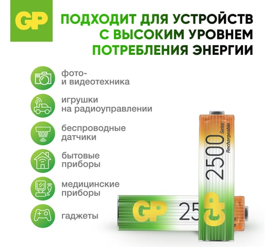 Перезаряжаемые аккумуляторы GP 250AAHC AA, емкость 2500 мАч - 4 шт. 250AAHC-2DECRC4 250AAHC-2DECRC4 16036062