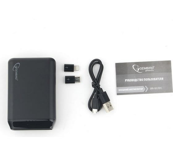 Портативный аккумулятор Gembird 10000мА/ч, USB, type-c, 2.1A, черный GPB-101