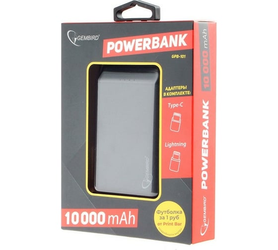 Портативный аккумулятор Gembird 10000мА/ч, USB, type-c, 2.1A, черный GPB-101