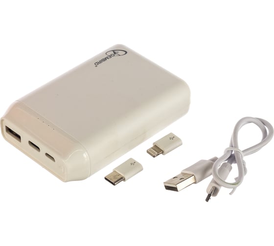 Портативный аккумулятор Gembird 10000мА/ч, USB, type-c, 2.1A, белый GPB-101C
