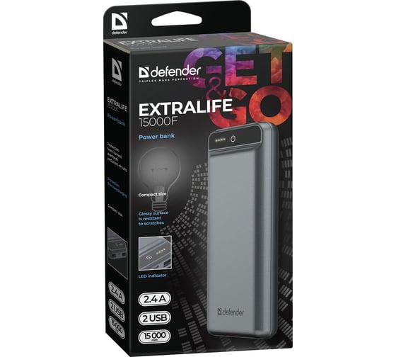 Внешний аккумулятор Defender ExtraLife 15000F 2USB, 15000mAh, 2.1A 83668