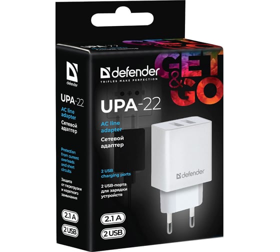 Сетевой адаптер Defender UPA-22 белый, 2xUSB, 2.1А 83580