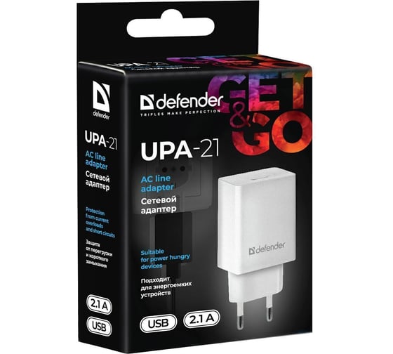 Сетевой адаптер Defender UPA-21 белый, 1xUSB, 5V/2.1А 83571