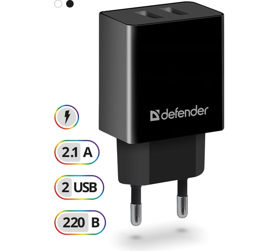 Сетевой адаптер Defender UPA-22 черный, 2xUSB, 2.1А 83579