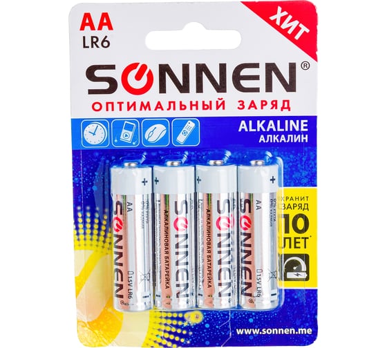 Батарейки SONNEN Alkaline, АА алкалиновые, 4 шт., в блистере, 451085 - выгодная цена, отзывы, характеристики, фото - купить в Москве и РФ