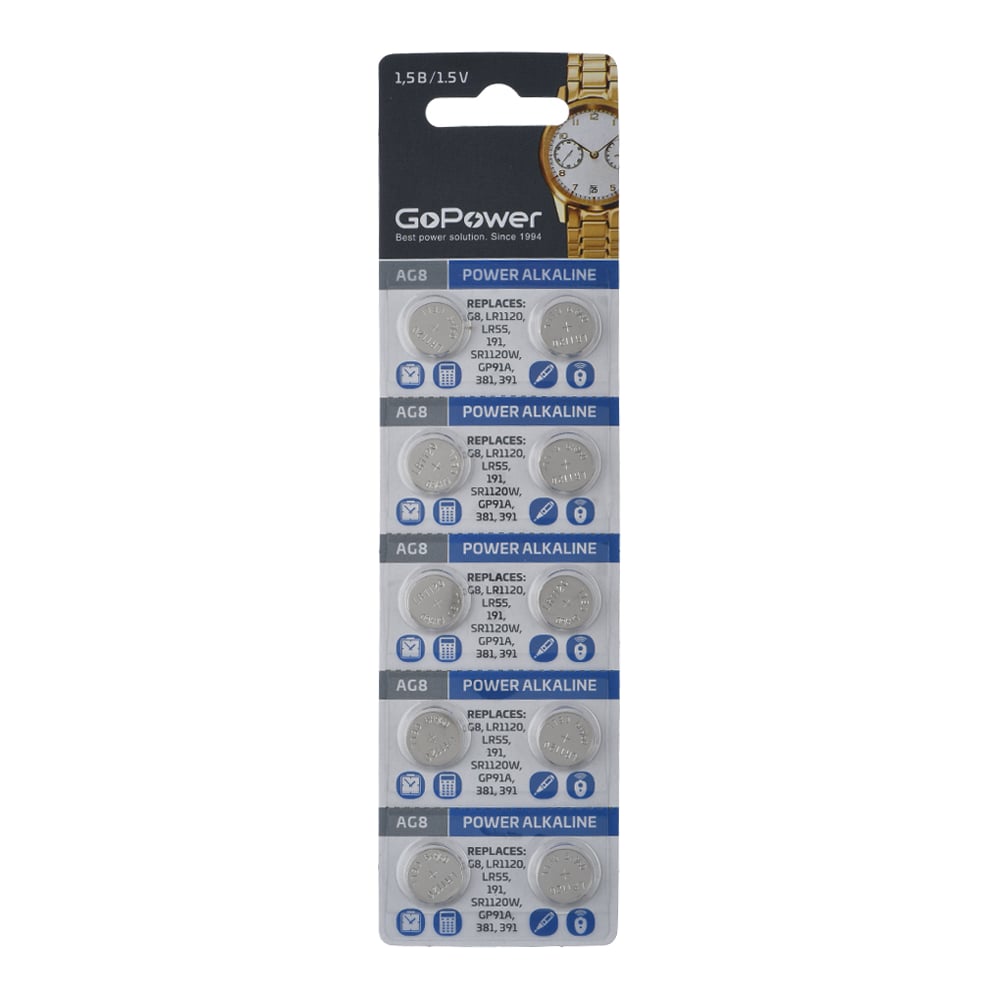 Батарейка GoPower G8/LR1120/LR55/391A/191 BL10 Alkaline 1.55V 00 ...