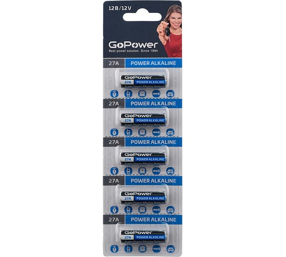 Батарейка GoPower LR27/A27/MN27 BL5 Alkaline 12V 00-00022424