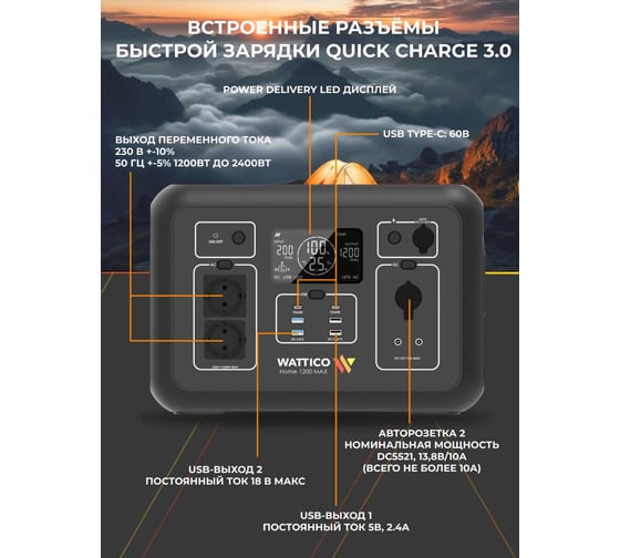 Портативная зарядна станция WATTICO с ИБП для дома дачи и котла зарядная станция Home 1200 MAX 1200W, 315 000 mAh 00-00000101