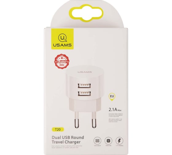 Сетевое зарядное устройство USAMS Модель - US-CC080, 2 USB, 2.1A, белый (CC80TC01) УТ000027174