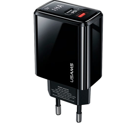 Сетевое зарядное устройство USAMS Модель - US-CC133 T40, QC3.0 + PD, Digital Display Fast Charger, черный (CC133TC01) УТ000024951 1