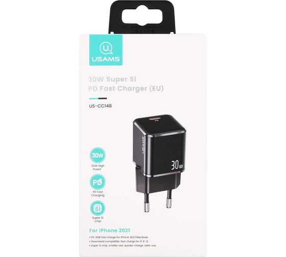 Сетевое зарядное устройство USAMS Модель - US-CC148, T45, 30W Super Si Mini PD Fast 1C Charger, черный (CC148TC01) УТ000027613
