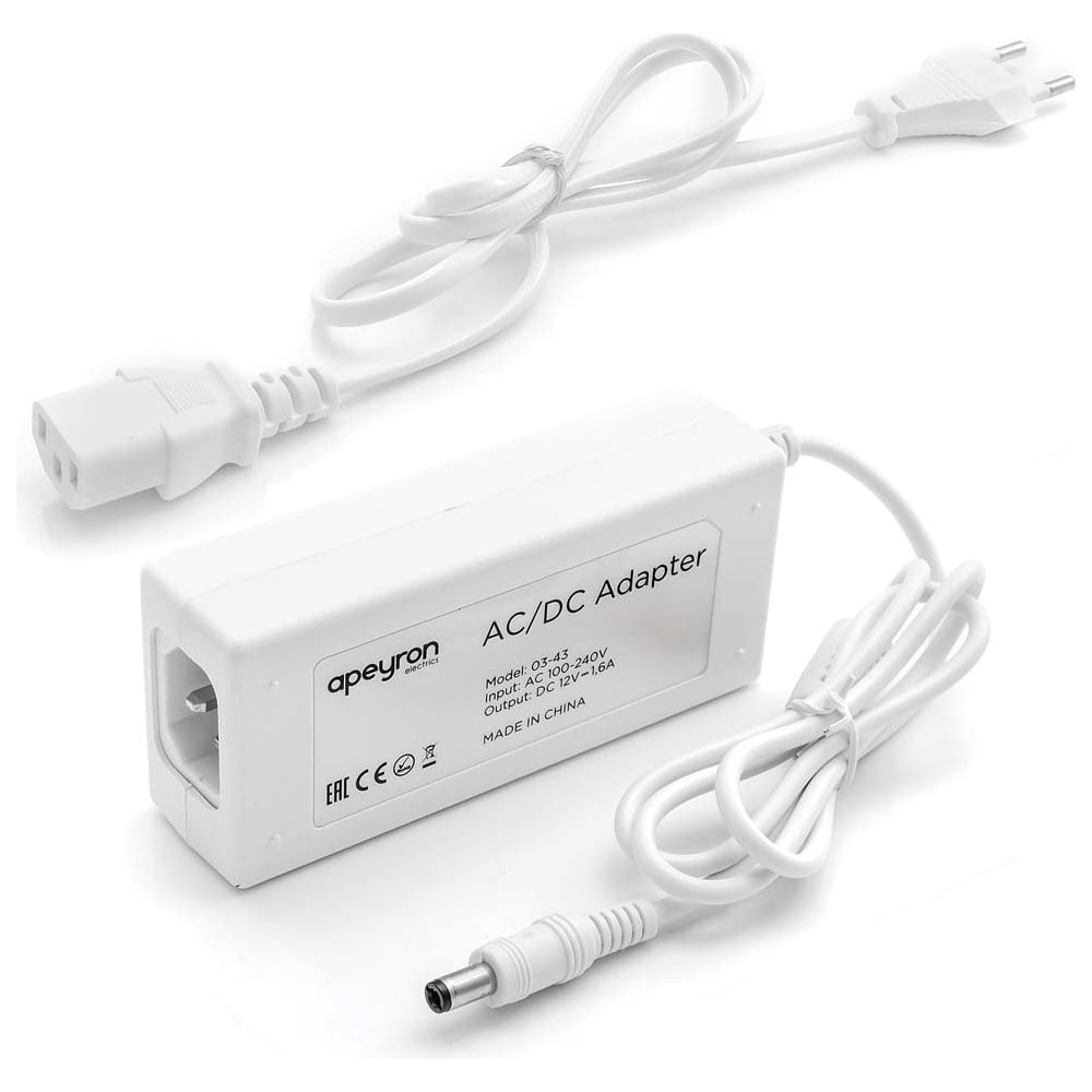 Блок питания APEYRON 12В, 20 Вт, IP44, 1,6 А, разъем 2,5х5,5мм, пластик ...
