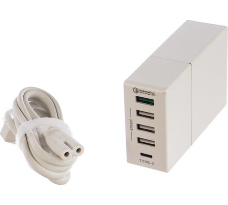 Сетевая зарядная станция PERFEO FAST 5, 3xUSB, QC3.0, Type C, белый, 30012267