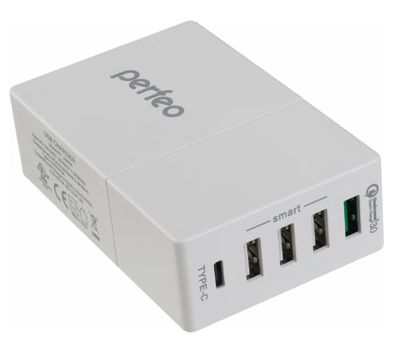 Сетевая зарядная станция PERFEO FAST 5, 3xUSB, QC3.0, Type C, белый, 30012267