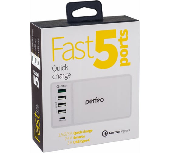 Сетевая зарядная станция PERFEO FAST 5, 3xUSB, QC3.0, Type C, белый, 30012267