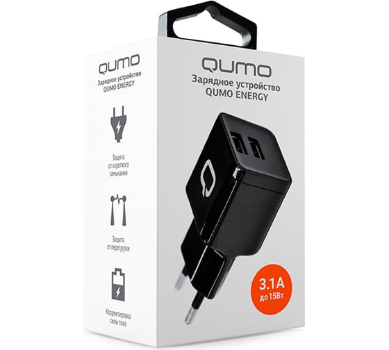Сетевое зарядное устройство QUMO Energy Charger 0061, 2 USB, 3.1A, черный 23841