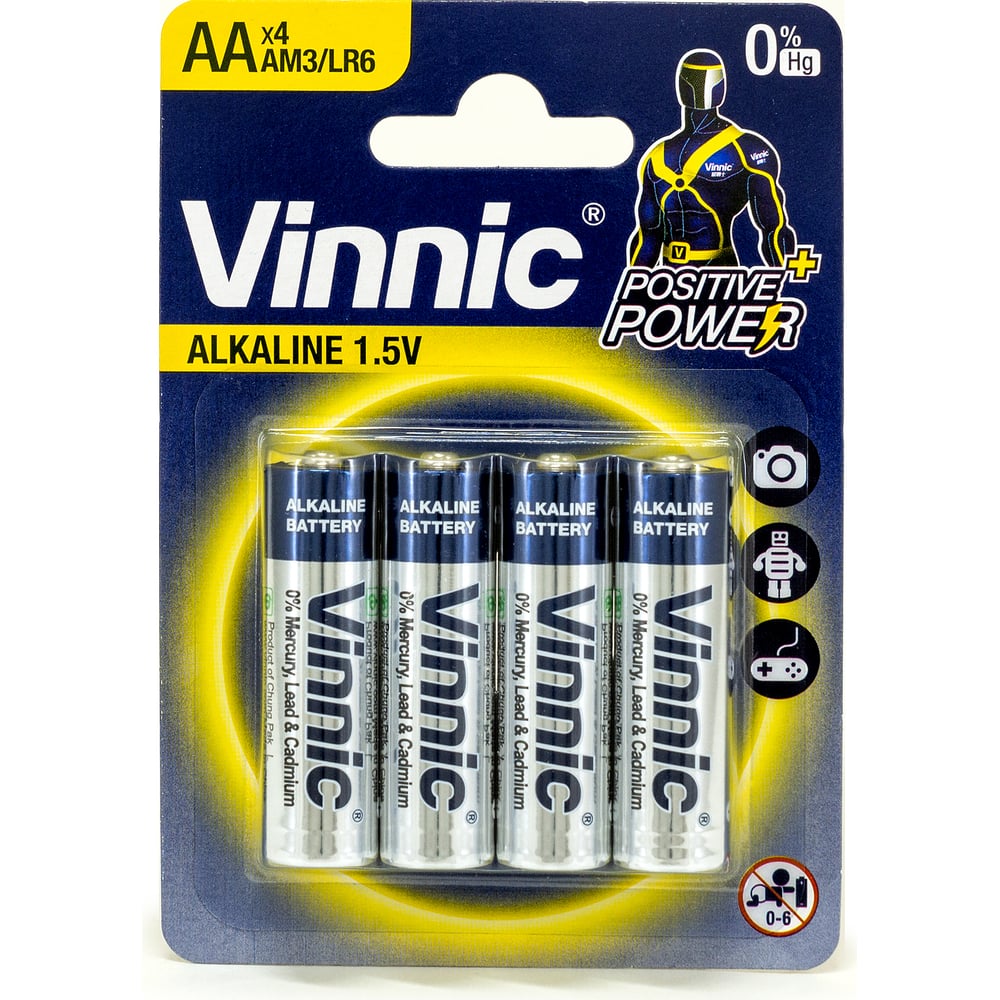 Алкалиновые щелочные батарейки VINNIC LR6 (AA) 1.5В блистер/4 штуки ...
