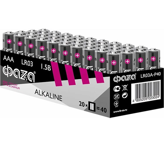 Алкалиновый элемент питания ФАZА AAA/LR03 1.5В Alkaline Pack-40 40 шт 5023024 - выгодная цена, отзывы, характеристики, фото - купить в Москве и РФ