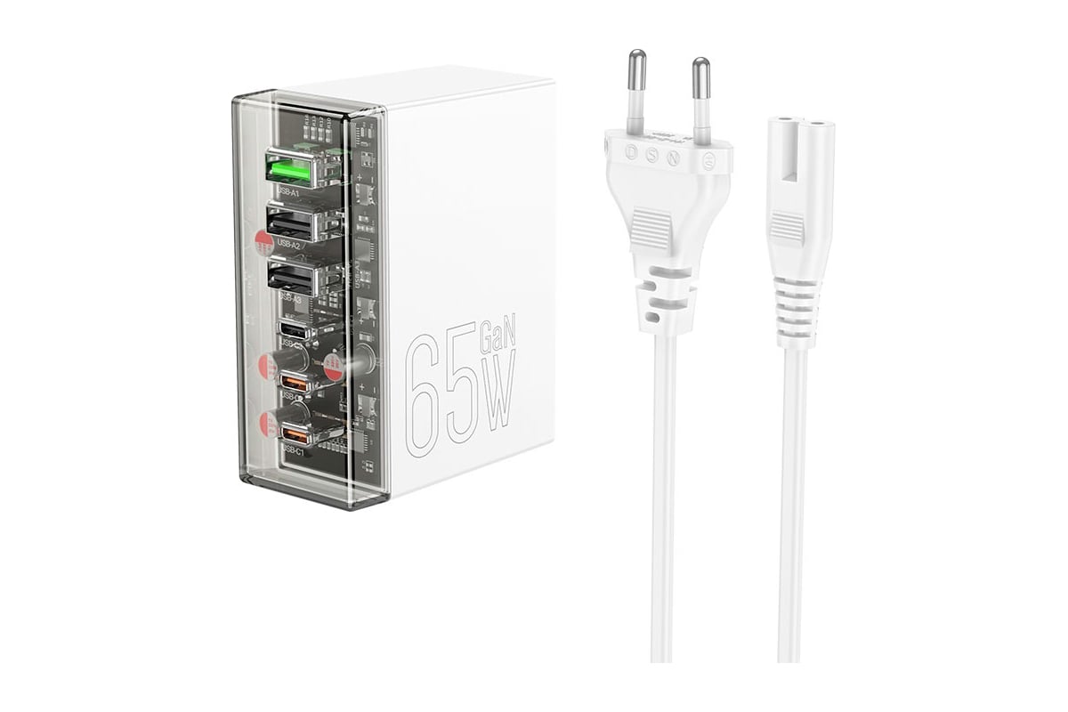 Многофункциональное зарядное устройство Hoco 65W GaN, QC3.0/PD, 3хUSB,  3хType-C, N36, белый, коробка, 6942007606608