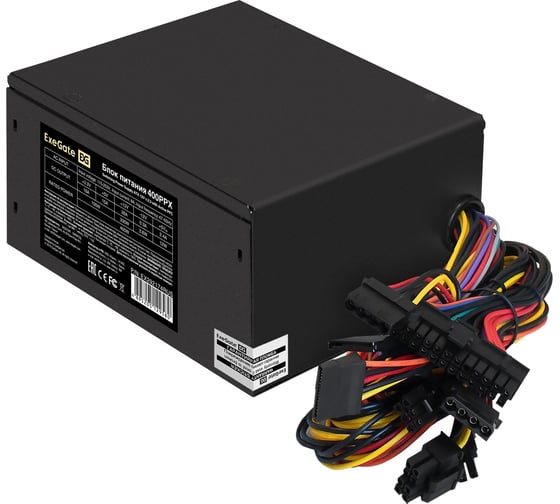 Блок питания ExeGate 400W, 400PPX ATX, APFC, SC, КПД 80% 80 PLUS, 14cm fan, 24pin, 4+4pin, 2xPCI-E, 4xSATA, 3xIDE, кабель 220V с защитой от выдергивания, black 292563