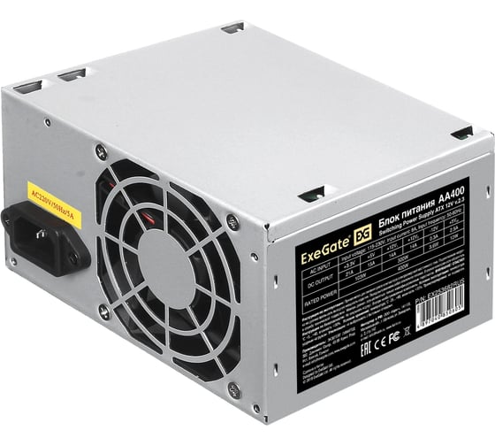 Блок питания ExeGate 400W, AA400 ATX, PC, 8cm fan, 24pin, 4pin, 2xSATA, IDE, кабель 220V в комплекте 284677