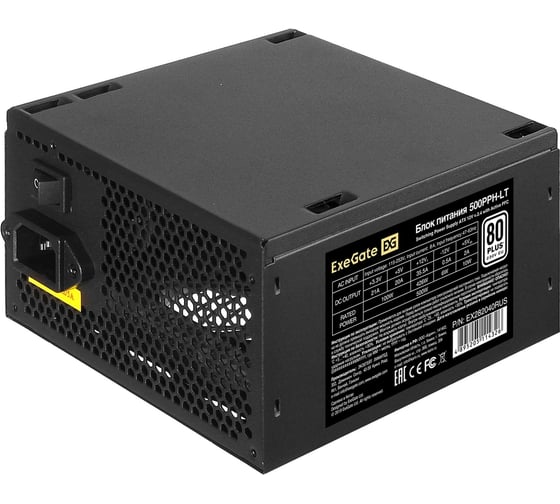 Блок питания ExeGate 500W 80 PLUS 500PPH-LT-S-OEM ATX, APFC, КПД 82% 80 PLUSSC, 12cm fan, 24pin, 2x4+4pin, 2xPCI-E, 6xSATA, 3xIDE, кабель 220V с защитой от выде 282051