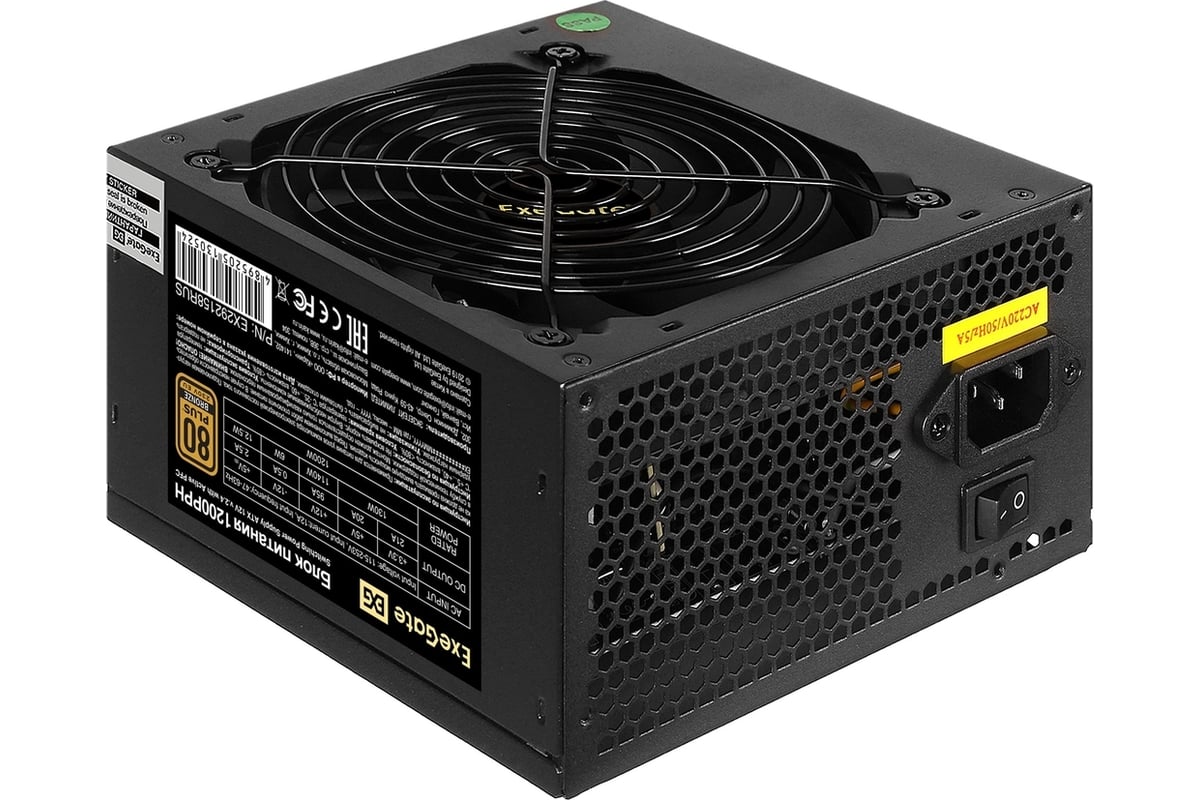 Блок питания ExeGate 1200W 80 PLUS Bronze 1200PPH ATX, APFC, КПД 89% 80  PLUS Bronze, 12cm fan, 24pin, 2x4+4pin, 6xPCI-E, 8xSATA, 4xIDE, black,  Color box 292158 - выгодная цена, отзывы, характеристики, фото -