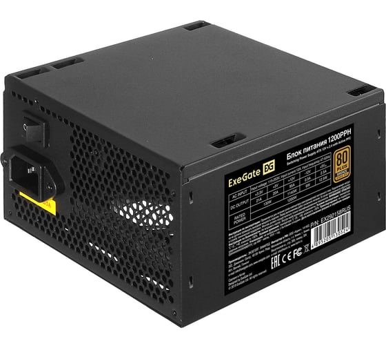 Блок питания ExeGate 1200W 80 PLUS Bronze 1200PPH ATX, APFC, КПД 89% 80 PLUS Bronze, 12cm fan, 24pin, 2x4+4pin, 6xPCI-E, 8xSATA, 4xIDE, black, Color box 292158