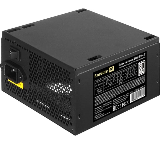Блок питания ExeGate 900W 80 PLUS 900PPH-LT-OEM ATX, APFC, КПД 82% 80 PLUS, 12cm fan, 24pin, 2x4+4pin, 6xPCI-E, 8xSATA, 4xIDE, black, RTL 292156