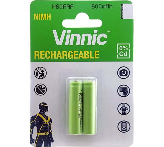 Аккумуляторы VINNIC R03 (AAA) Ni-MH 600mAh бл/2 4606400106562 1