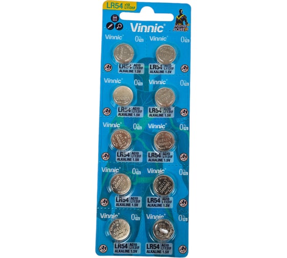 Алкалиновые щелочные батарейки VINNIC L1131 (AG10, LR54, 389) бл/10 4898338008173