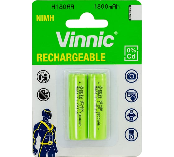 Аккумуляторы VINNIC R6 (AA), Ni-MH, 1800mAh, блистер/2 шт. 4606400106593 1