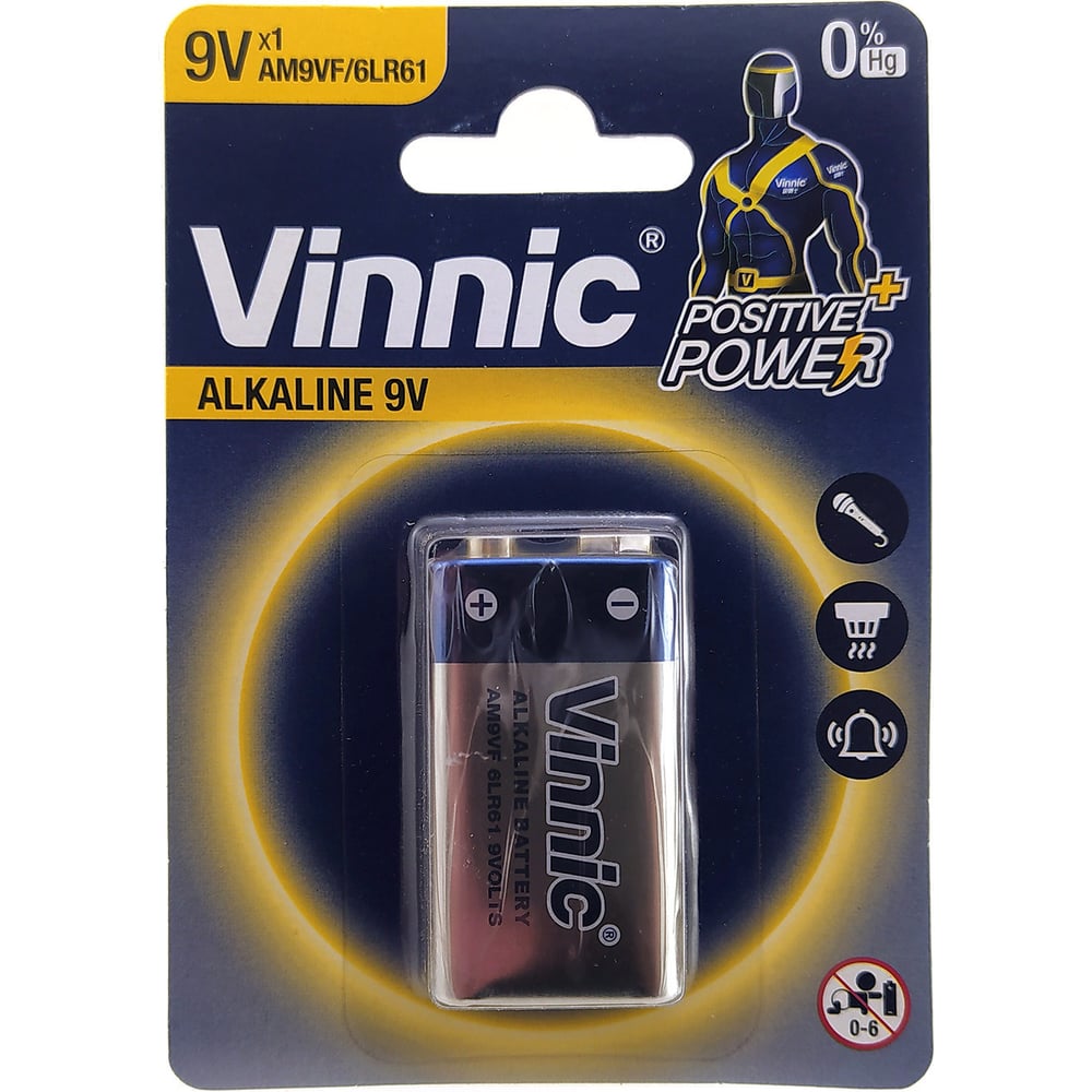 Батарейка VINNIC алкалиновая щелочные, 6LR61, 9В, блистер/1 шт ...