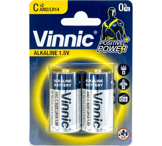 Батарейки VINNIC алкалиновые щелочные, LR14 (C), 1.5В, блистер/2 шт. 4898338006551