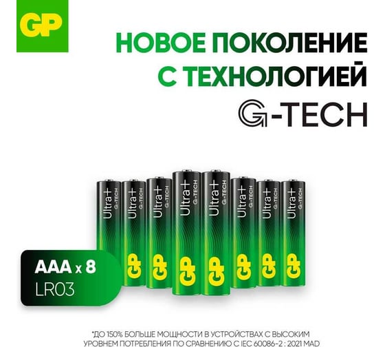 Батарейки GP ААА мизинчиковые алкалиновые Ultra Plus Alkaline, набор 8 шт (24AUPA21-BC8) 33406152