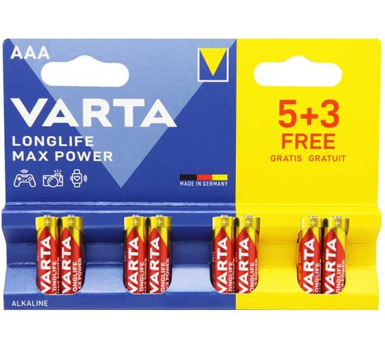 Батарейка Varta LONGLIFE MAX POWER (MAX TECH) LR03 AAA BL5+3 Alkaline 1.5V (4703) (8/160) 8 штук в упаковке 04703101428 1