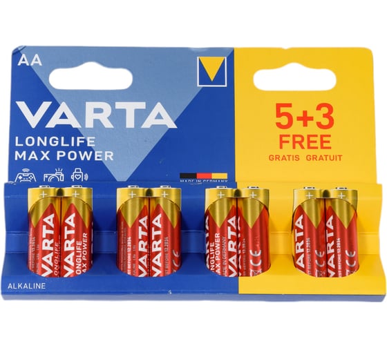 Батарейка Varta LONGLIFE MAX POWER (MAX TECH) LR6 AA BL5+3 Alkaline 1.5V (4706) (8/160) 8 штук в упаковке 04706101428