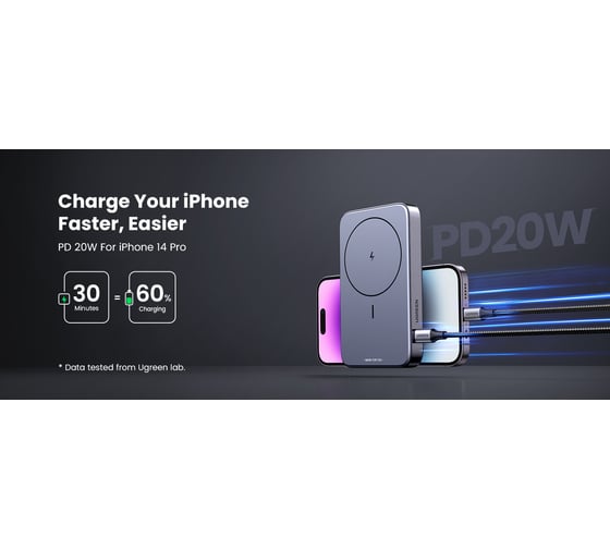 Внешний магнитный аккумулятор Ugreen 15086 10000mAh MIni Magnetic Wireless 20W Power Bank With Holder цвет: серый космос 15086_