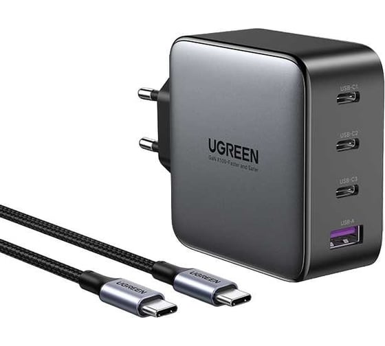 Сетевое зарядное устройство Ugreen CD226 USB-A+3*USB-C 100W GaN Fast Charger с кабелем 100W USB-C цвет: серый космос 90575