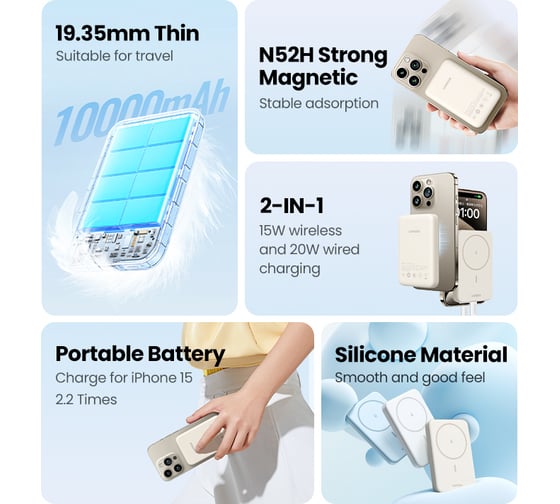 Внешний аккумулятор Ugreen магнитный PB561 (25208) 10000mAh Magnetic Wireless Power Bank. Цвет: белый 25208_
