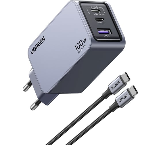 Зарядное устройство Ugreen X757 (25874) Nexode Pro 100W USB-A+2*USB-C GaN Tech Fast Charger EU с кабелем 1M 100W. Цвет: серый 25874_