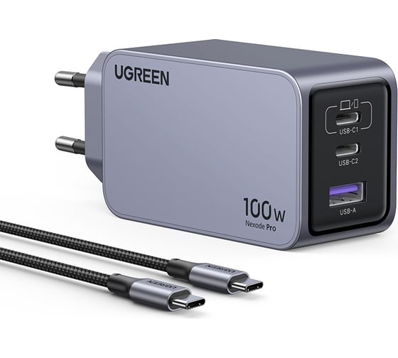 Зарядное устройство Ugreen X757 (25874) Nexode Pro 100W USB-A+2*USB-C GaN Tech Fast Charger EU с кабелем 1M 100W. Цвет: серый 25874_