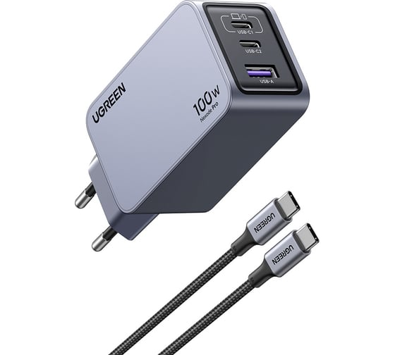 Зарядное устройство Ugreen X757 (25874) Nexode Pro 100W USB-A+2*USB-C GaN Tech Fast Charger EU с кабелем 1M 100W. Цвет: серый 25874_