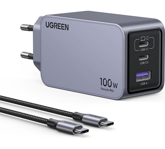 Зарядное устройство Ugreen X757 (25874) Nexode Pro 100W USB-A+2*USB-C GaN Tech Fast Charger EU с кабелем 1M 100W. Цвет: серый 25874_
