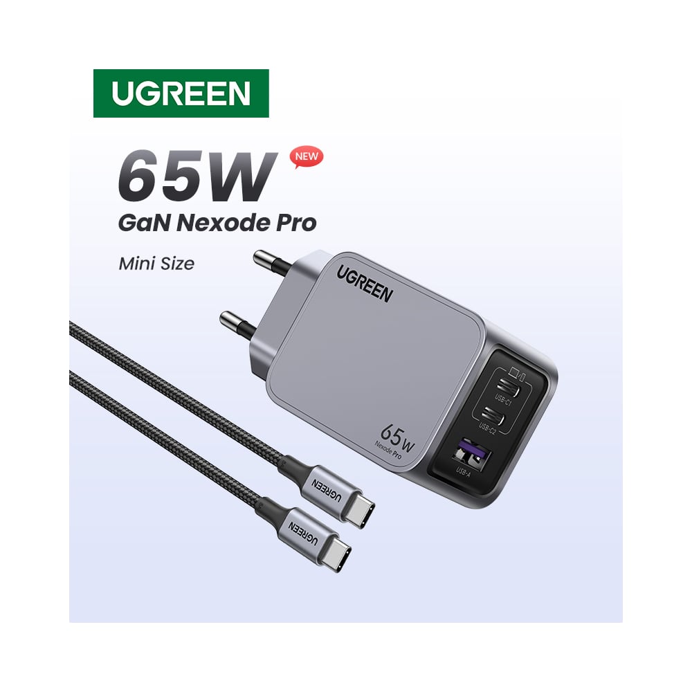 Сетевое зарядное устройство Ugreen X755 Nexode Pro 65W 3-Port GaN Fast  Charger EU с кабелем 100W. Длина кабеля: 1м. Цвет: серый 25871 - выгодная  цена, отзывы, характеристики, фото - купить в Москве и РФ