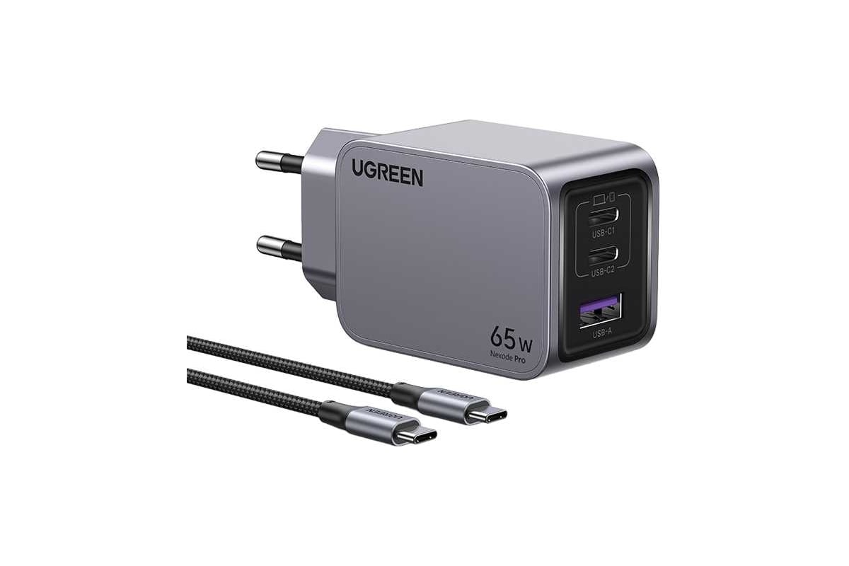 Сетевое зарядное устройство Ugreen X755 Nexode Pro 65W 3-Port GaN Fast  Charger EU с кабелем 100W. Длина кабеля: 1м. Цвет: серый 25871 - выгодная  цена, отзывы, характеристики, фото - купить в Москве и РФ