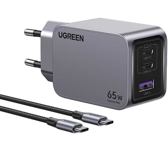 Сетевое зарядное устройство Ugreen X755  Nexode Pro 65W 3-Port GaN Fast Charger EU с кабелем 100W. Длина кабеля: 1м. Цвет: серый 25871