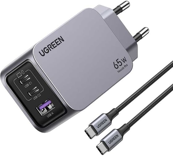 Сетевое зарядное устройство Ugreen X755  Nexode Pro 65W 3-Port GaN Fast Charger EU с кабелем 100W. Длина кабеля: 1м. Цвет: серый 25871